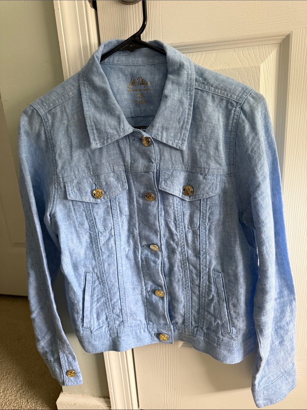 Lilly Pulitzer Chambray Denim-Style Linen Jacket with Gold Buttons
